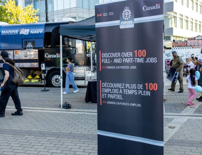 A view of pop-up Canadian Armed Forces station for recruiting new members on Canada Day in downtown Vancouver.