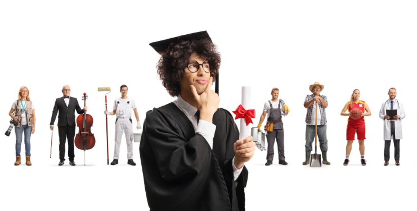 collage graduate thinking about their career with various people in different career fields standing behind.