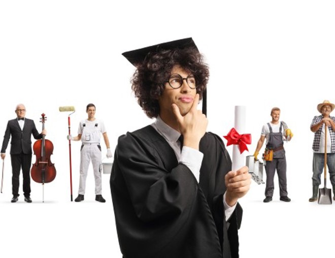 collage graduate thinking about their career with various people in different career fields standing behind.