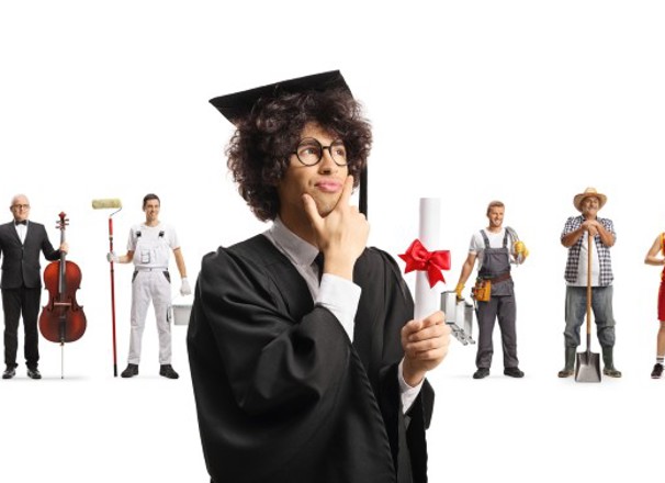collage graduate thinking about their career with various people in different career fields standing behind.