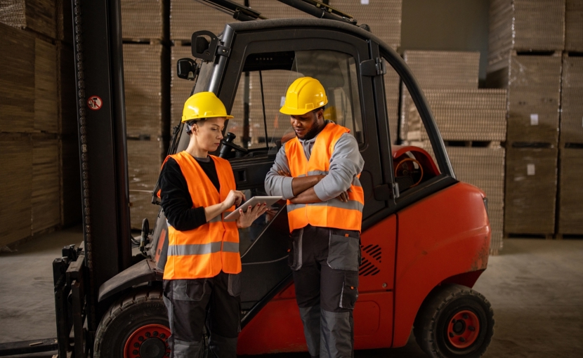 Person training coworker to use a forklift in a warehouse.