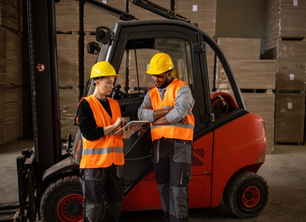 Person training coworker to use a forklift in a warehouse.