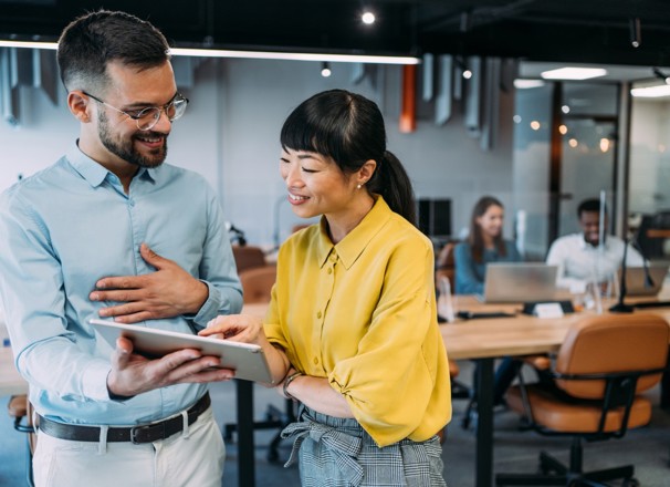 One coworker complimenting another coworker's work.
