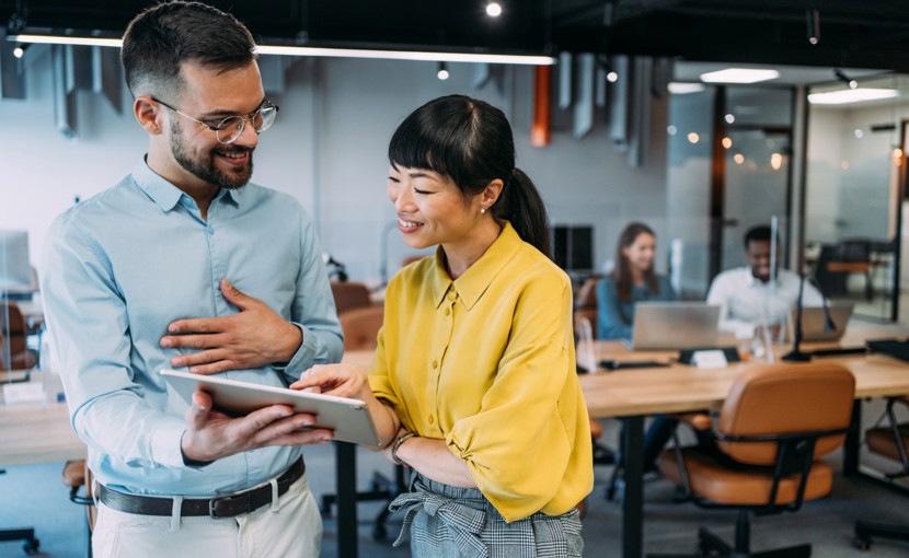 One coworker complimenting another coworker's work.