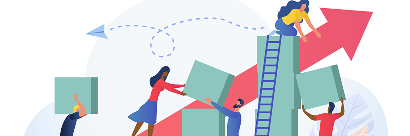 Illustration of people stacking blocks and climbing up them with ladder